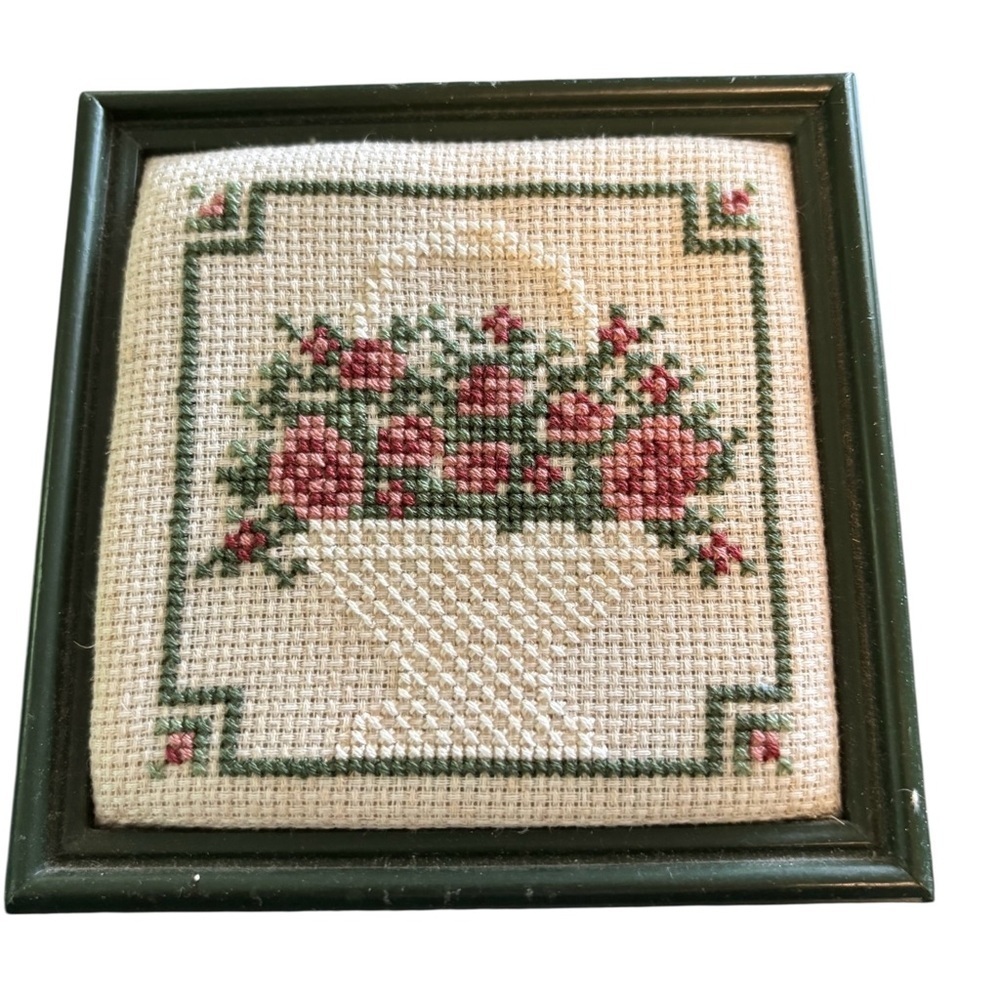 Cross Stiched “May” Basket Of Flowers 4.5X4.5 Square Framed Decor Blue Pink